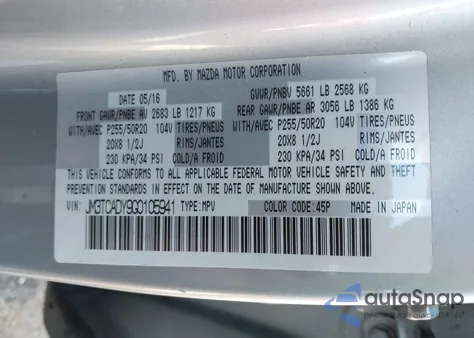 2016 Mazda Cx-9 Grand Touring из США, поврежденный, VIN JM3TCADY9G0105941